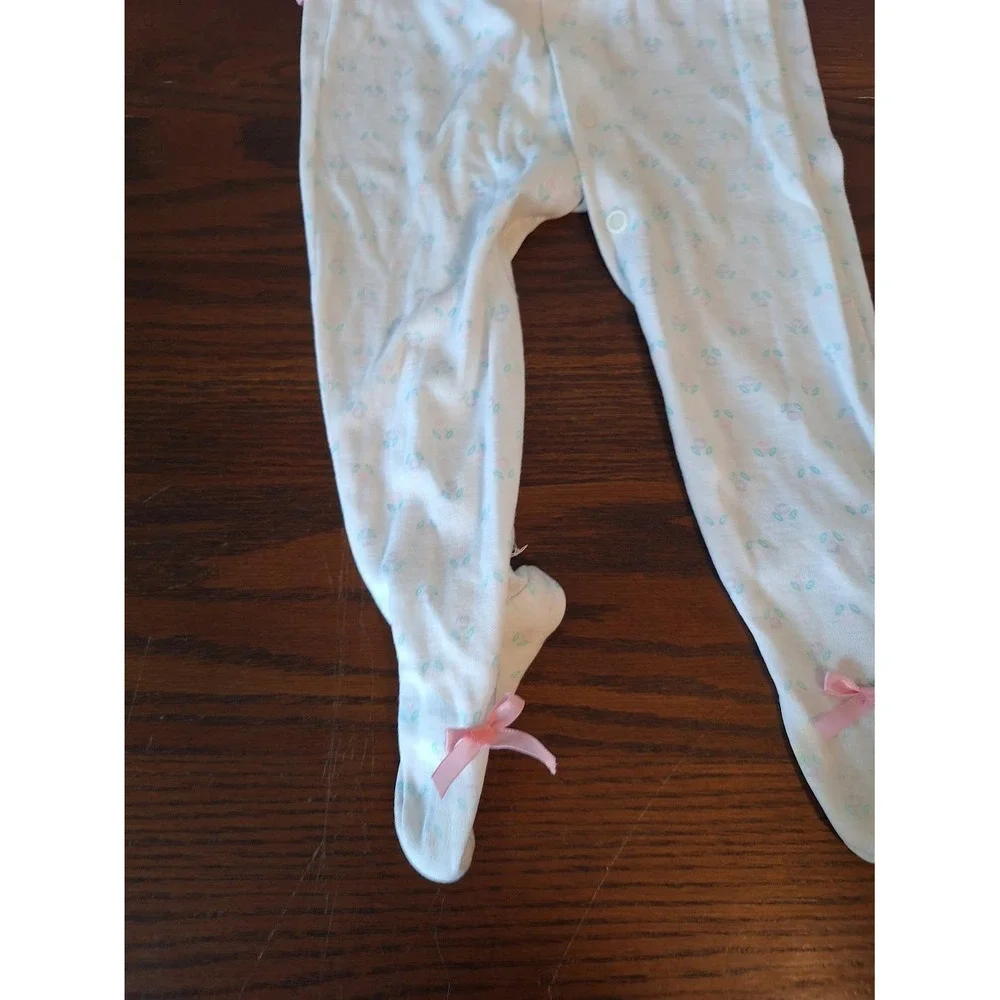 Baby Girls White Floral Footed Sleeper Ruffle Collar Pink Bows One Piece Pajamas